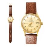 A Gold Plated Automatic Calendar Centre Seconds Wristwatch, signed Omega, Constellation Case with