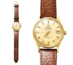 A Gold Plated Automatic Calendar Centre Seconds Wristwatch, signed Omega, Constellation Case with
