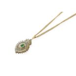 An Emerald and Diamond Pendant on Chain, the oval cabochon emerald within a pear-shaped border of