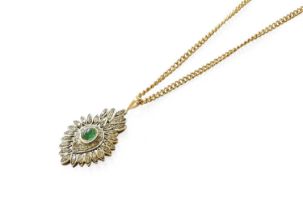 An Emerald and Diamond Pendant on Chain, the oval cabochon emerald within a pear-shaped border of