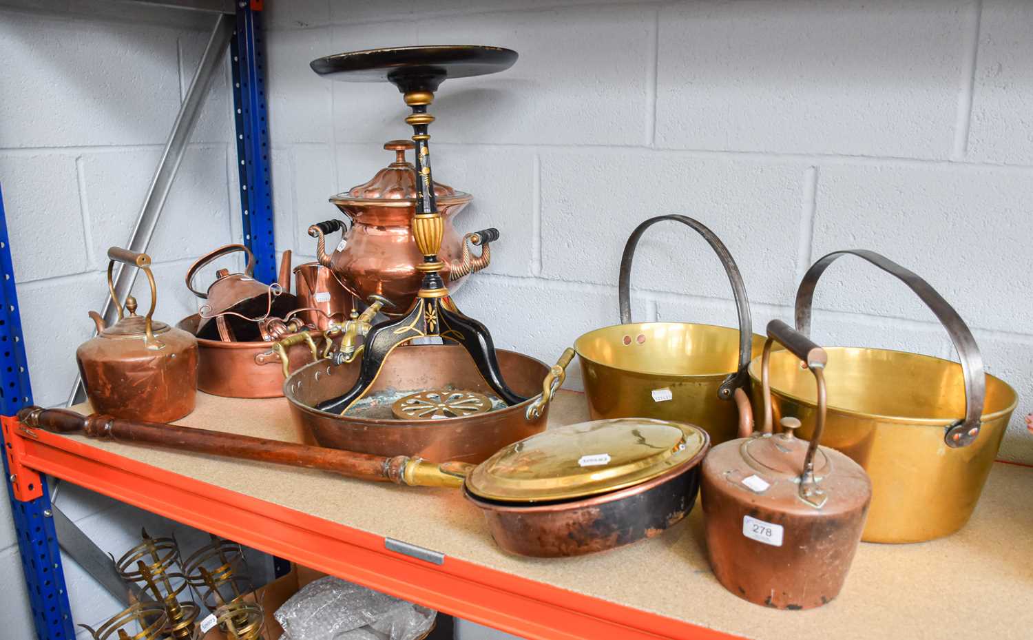A Quantity of Assorted Brass and Copper Wares Including, samovar, kettles, jam pans, bed warmer,