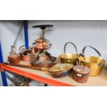 A Quantity of Assorted Brass and Copper Wares Including, samovar, kettles, jam pans, bed warmer,