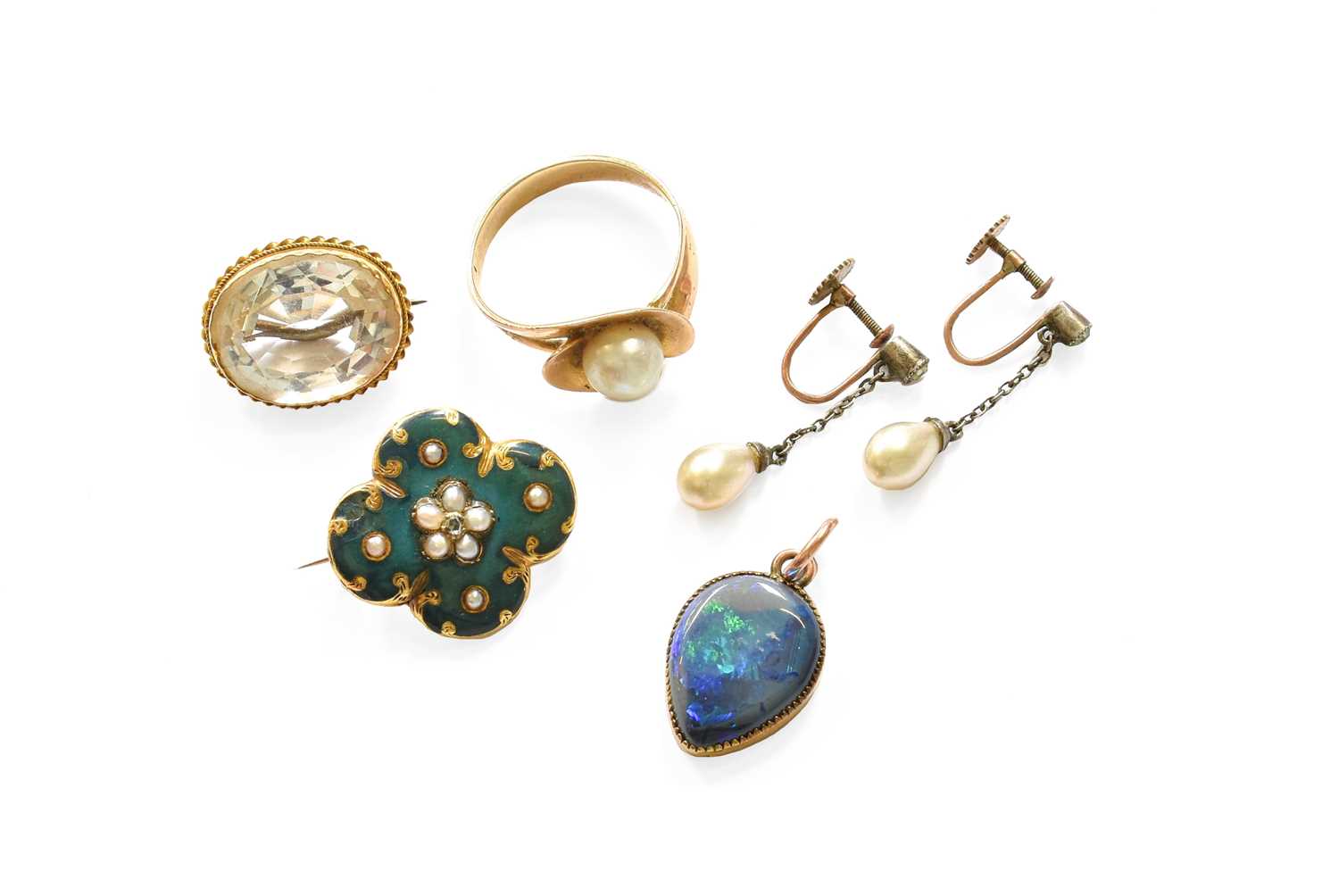 A Small Quantity of Jewellery, comprising of a rock crystal brooch, length 1.9cm; an enamel, diamond