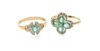 A 9 Carat Gold Emerald and Diamond Cluster Ring, four oval cut emeralds with an eight-cut diamond