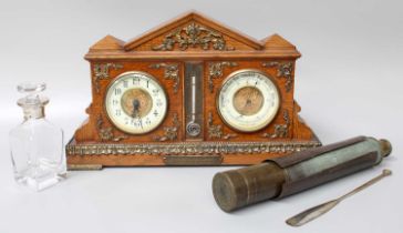 An Oak Cased Clock/Aneroid/Thermometer Compendium, brass telescope, modern glass bottle with