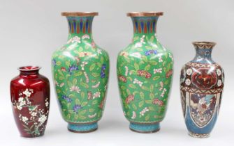 A Japanese Gin Bari Cloisonne Vase, decorated with blossom on a ruby ground, another Japanese vase