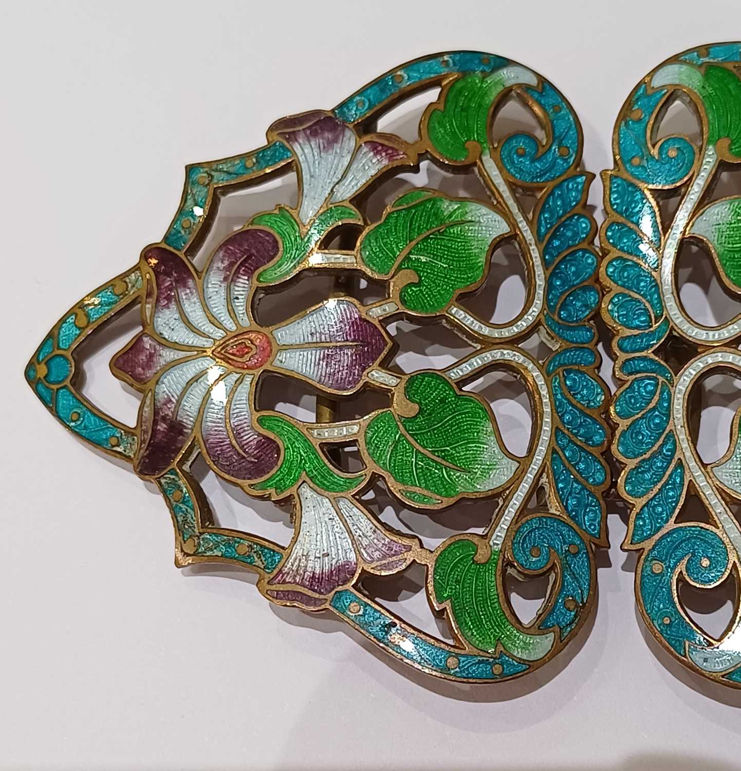 An Enamel Belt Buckle, of floral design, enamelled in green, blue and purple tones The buckle is - Image 3 of 6