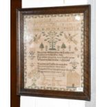 Alphabet Sampler worked by Mercy Hodgson, aged 12 dated 1833, with central verse flanked by birds,