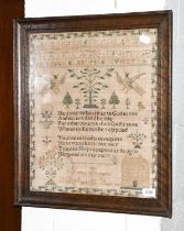 Alphabet Sampler worked by Mercy Hodgson, aged 12 dated 1833, with central verse flanked by birds,