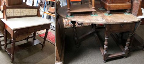 A Victorian Mahogany Marble-Topped Washtand, with tiled back, single drawer, turned legs to