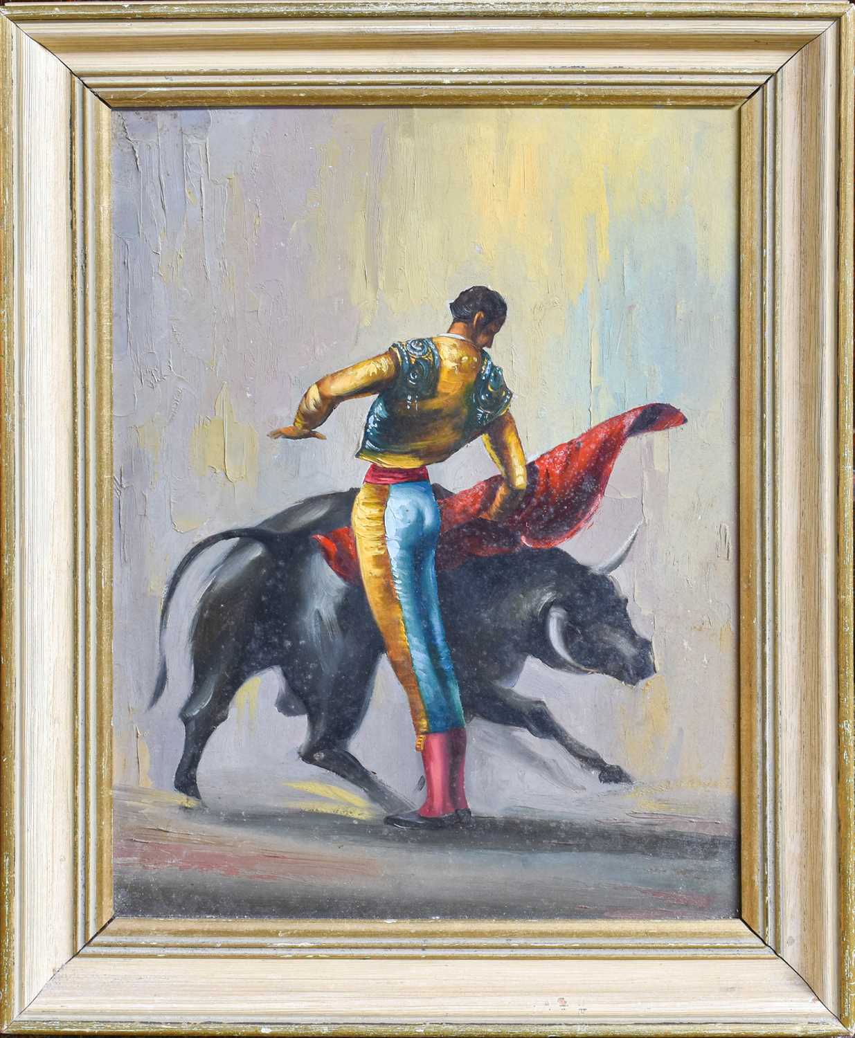 Attributed to Alexander Wilson (20th Century) Matador with bull Inscribed verso, oil on board, - Image 2 of 2