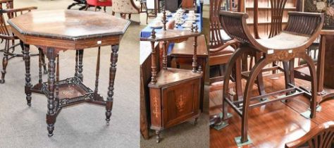 A Victorian Rosewood Octagonal Window Table, with strung inlay on turned supports and with under