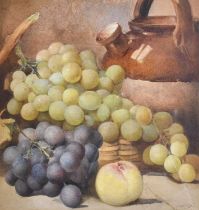 Edith F Grey (1862-1915) Still life with grapes, a peach, and an earthernware jug Signed and
