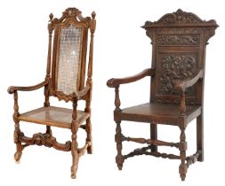 A 17th Century Style Wainscot Chair, together with a high backed and caned hall chair (2) Wainscot
