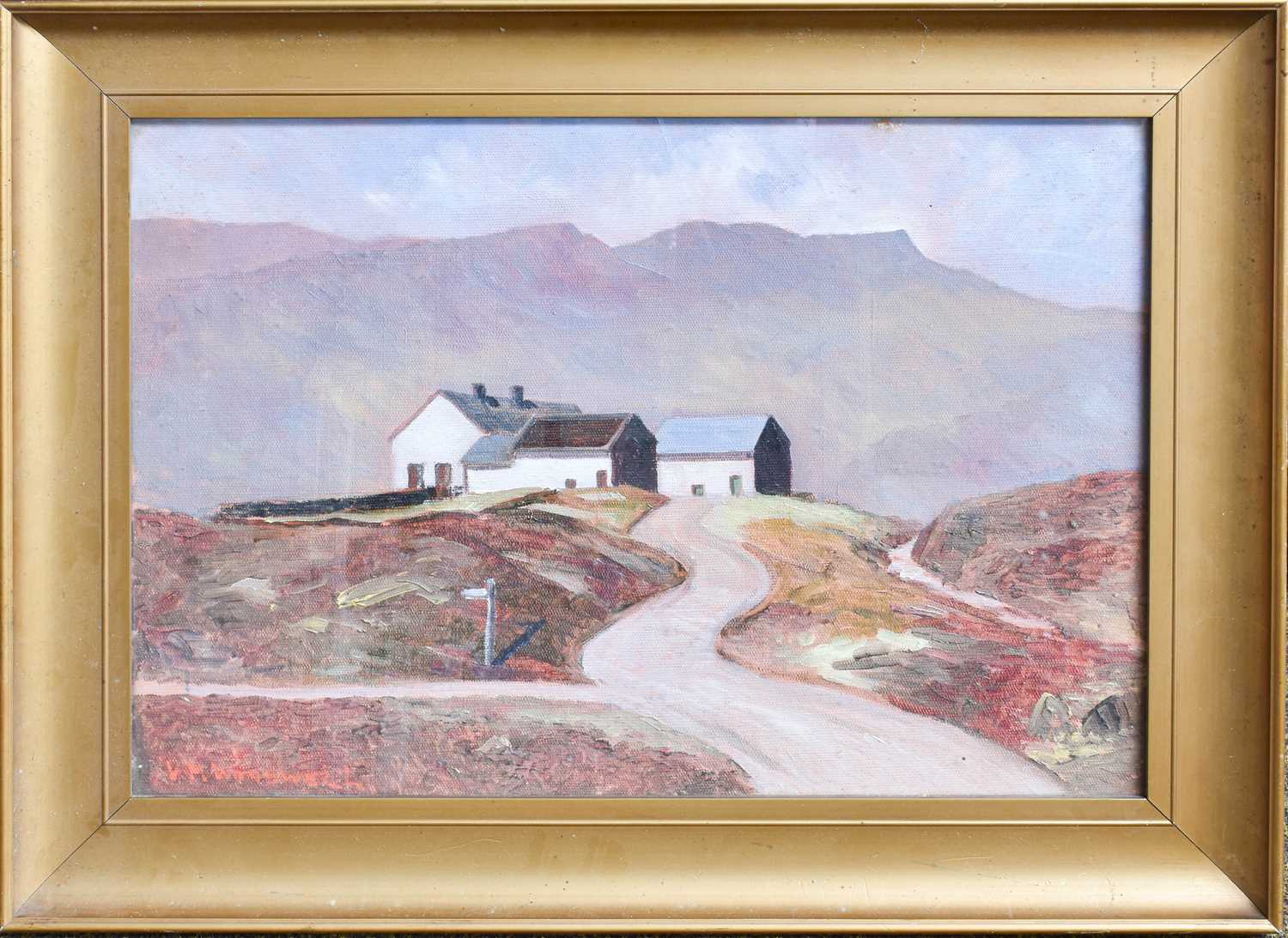 B.M.Wonbwell (20th Century) White painted cottages in a mountinous landscape Signed, oil on - Image 2 of 2