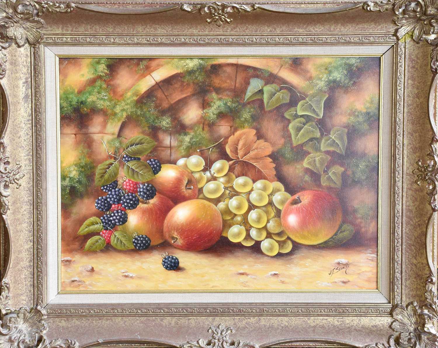 John F Smith (b.1934) Still life fruit study Signed, oil on board, 29.5cm by 39.5cm The artist - Image 2 of 2