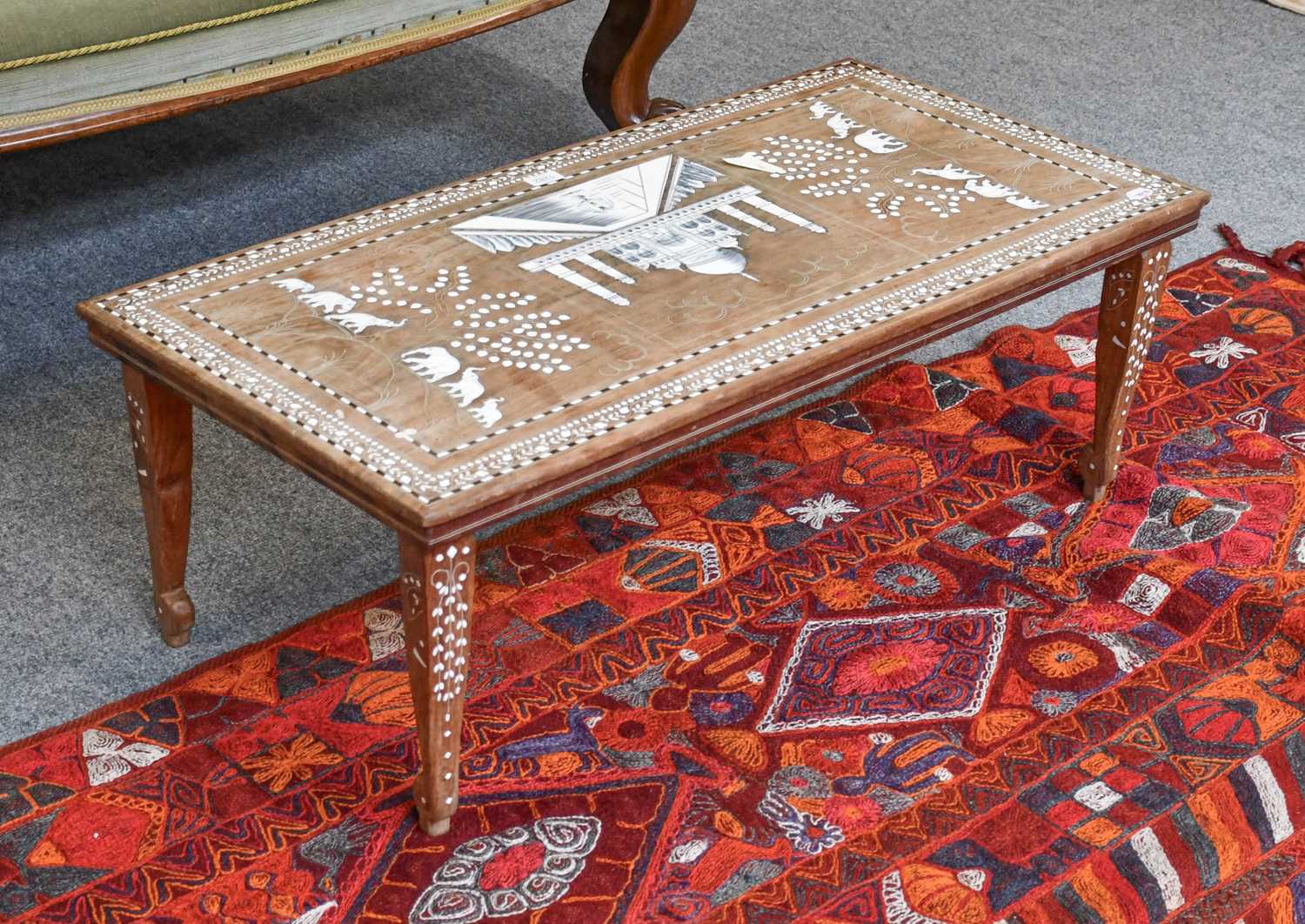 An Indian Hardwood Inlaid Coffee Table, decorated with the Taj Mahal and elephants, 101cm by 50cm by - Image 2 of 2