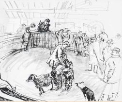 Piers Browne (b.1949) "Hawes Auction Mart" Signed, pen, together with three Yorkshire prints "