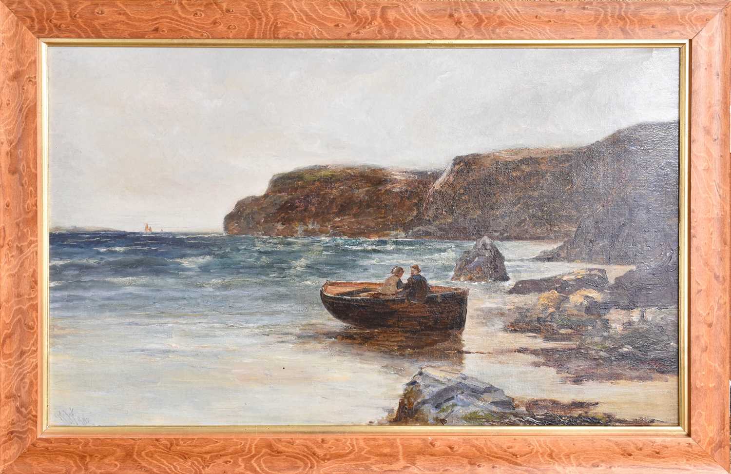 Richard Wane (1852-1904) Figures in a fishing boat on a rocky shoreline Signed, oil on canvas, 38. - Image 2 of 2