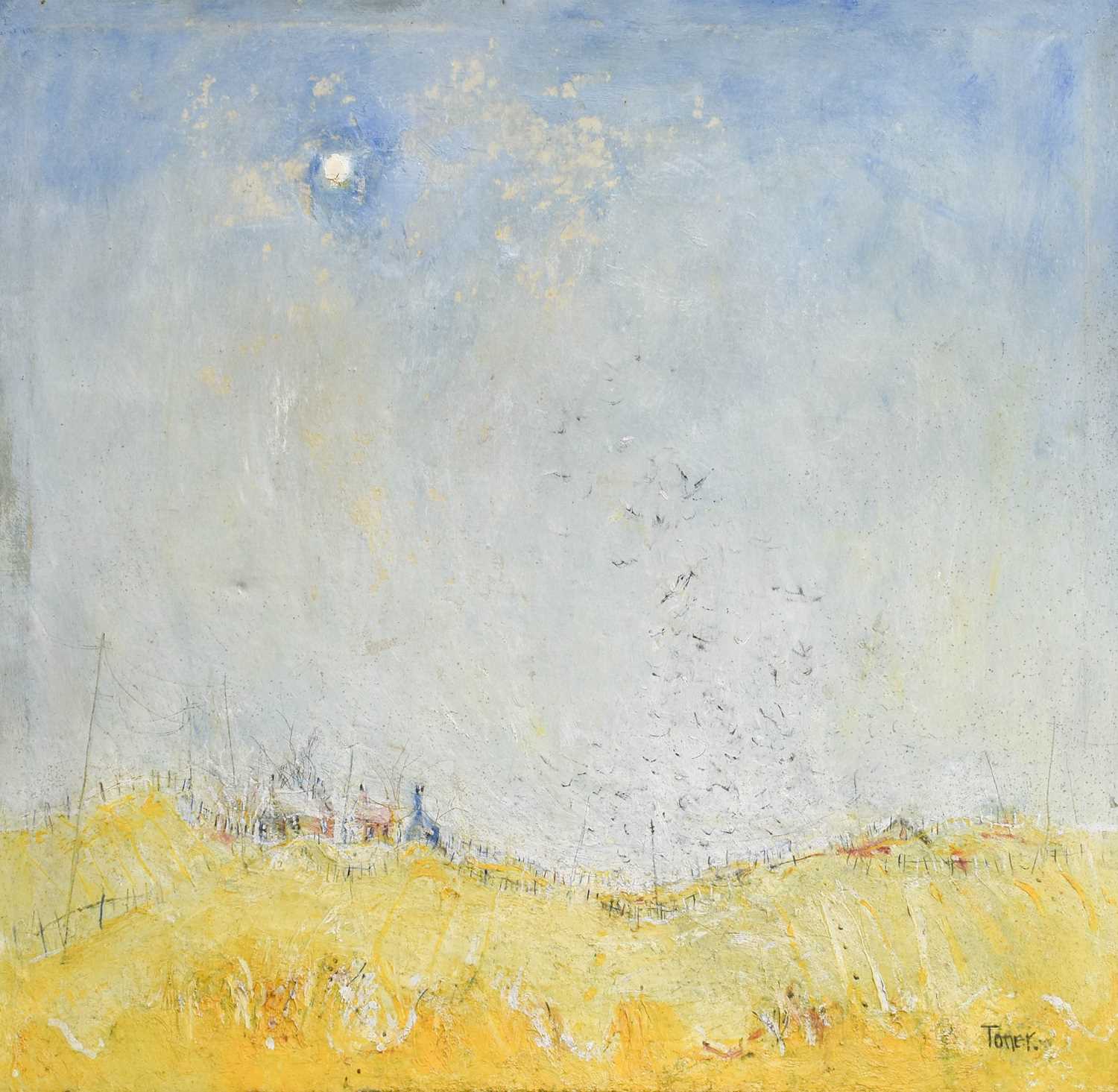 David Toner (Contemporary) Sunlit abstract landscape with birds rising Signed, oil on canvas,