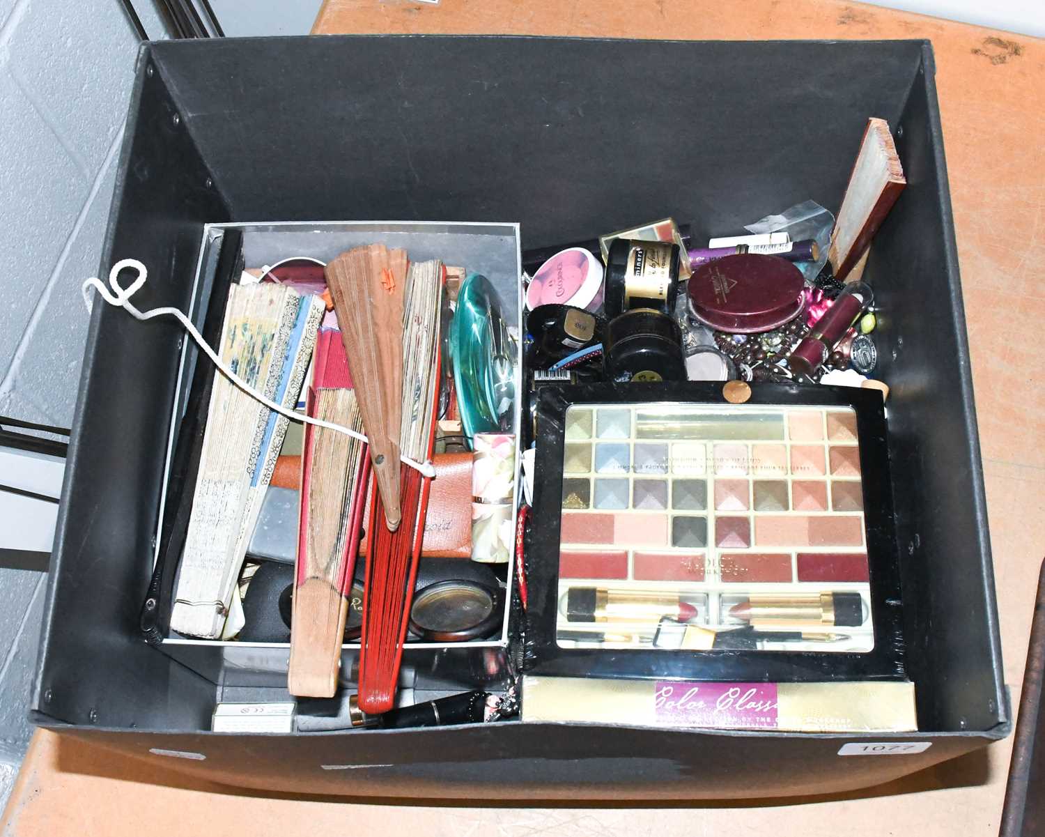 Assorted Costume Jewellery, fans, makeup etc (one box)