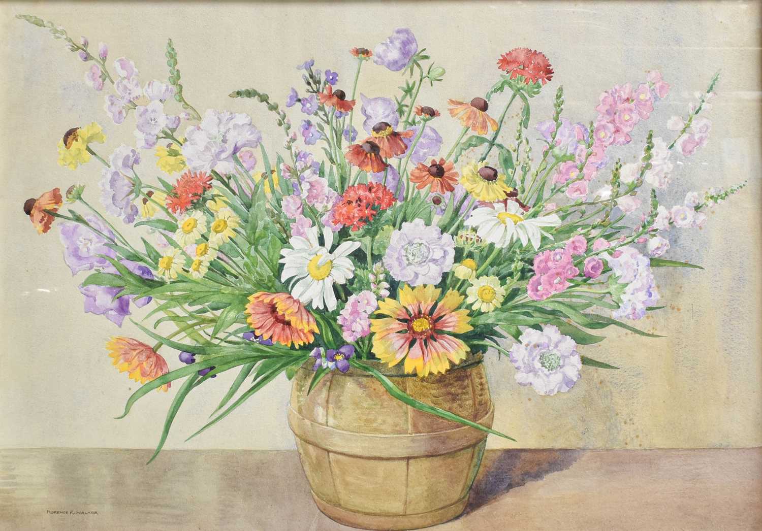 Florence R Walker (20th Century) Still life of abundant spring flowers Signed, watercolour, 53cm