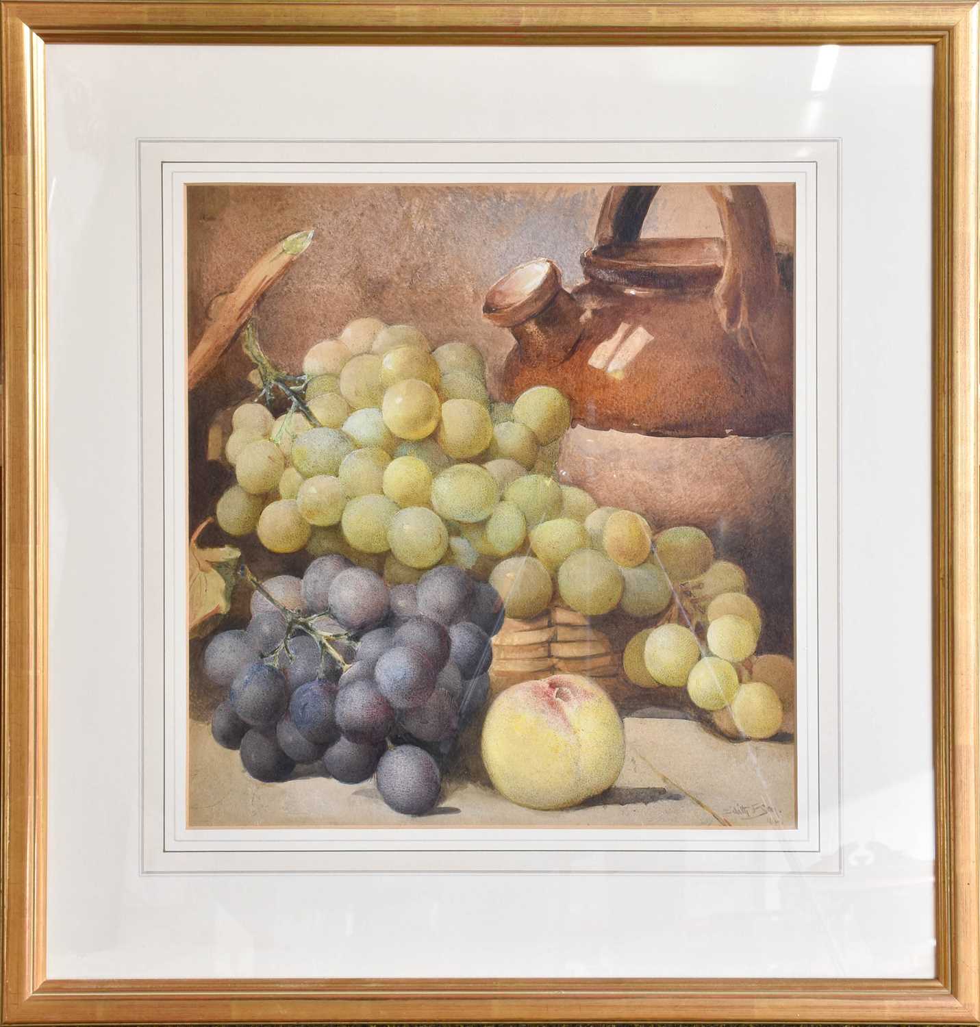Edith F Grey (1862-1915) Still life with grapes, a peach, and an earthernware jug Signed and - Image 2 of 2