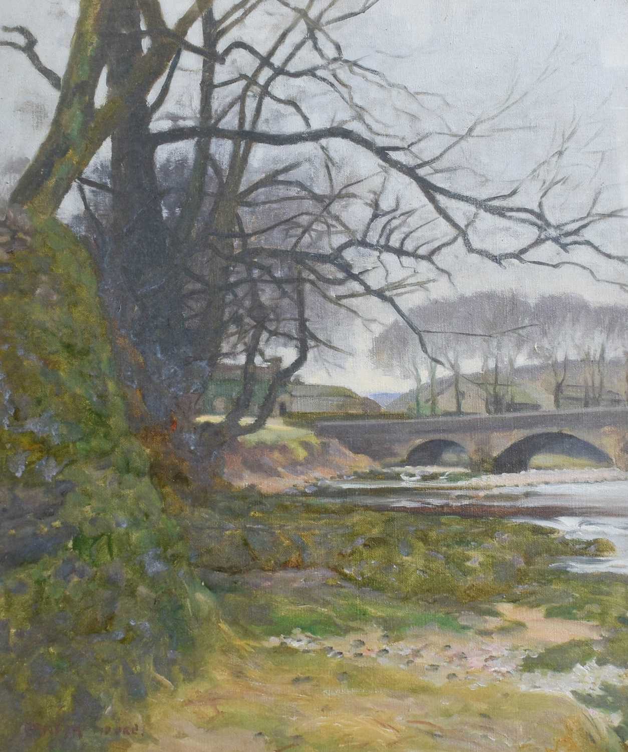 Ernest Moore (1865-1940) Bridge over Yorkshire river Signed, oil on canvas, 59.5cm by 49cm