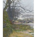 Ernest Moore (1865-1940) Bridge over Yorkshire river Signed, oil on canvas, 59.5cm by 49cm
