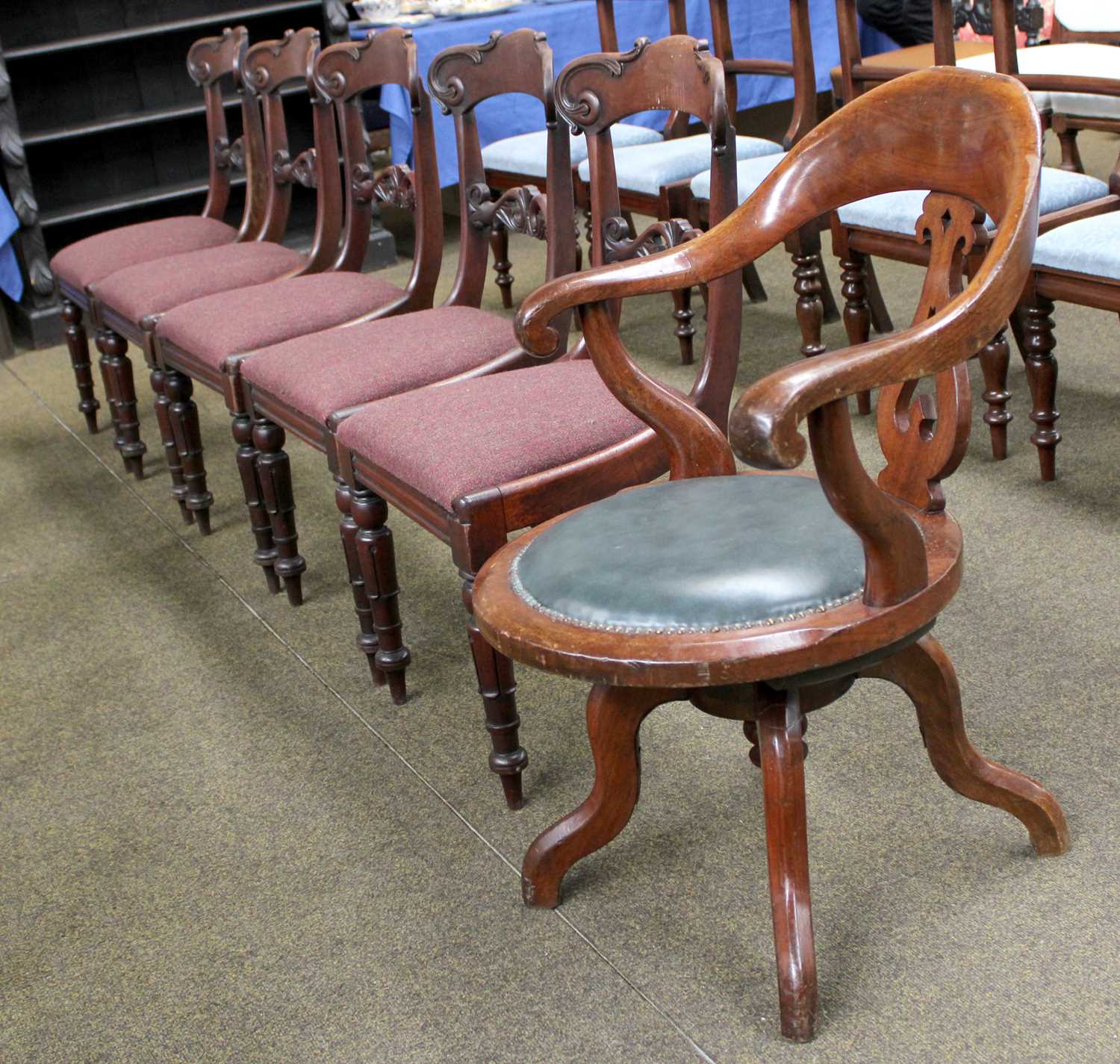 A Victorian Mahogany Swivel Office Chair, with pierced baluster shaped splat and leather seat;