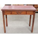 A George III Mahogany Fold Over Tea Table (repolised) with single drawer and on reeded square