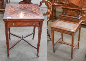 A Late Victorian Marquetry Inlaid Rosewood Envelope Card Table, square section supports, X-frame
