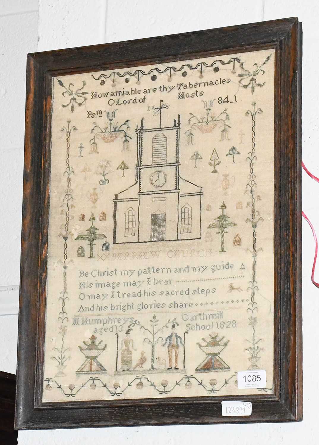 Sampler Worked by M Humphreys Garthmill School dated 1828, with a central image of 'Berriew Church',