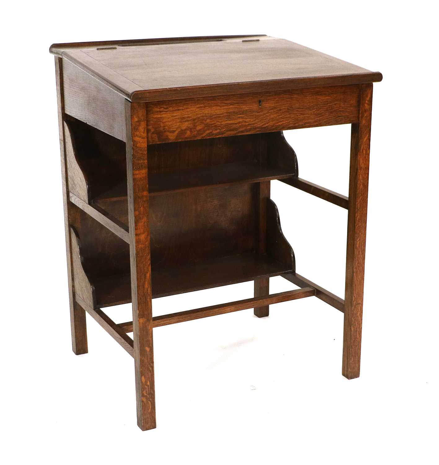 A Small Oak Clerks Desk, with two undershelves and on square supports, 64cm by 54cm by 83cm - Image 2 of 2