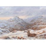 Elizabeth Halstead (20th Century) Stag at rest on a snow covered mountainous landscape Signed, oil