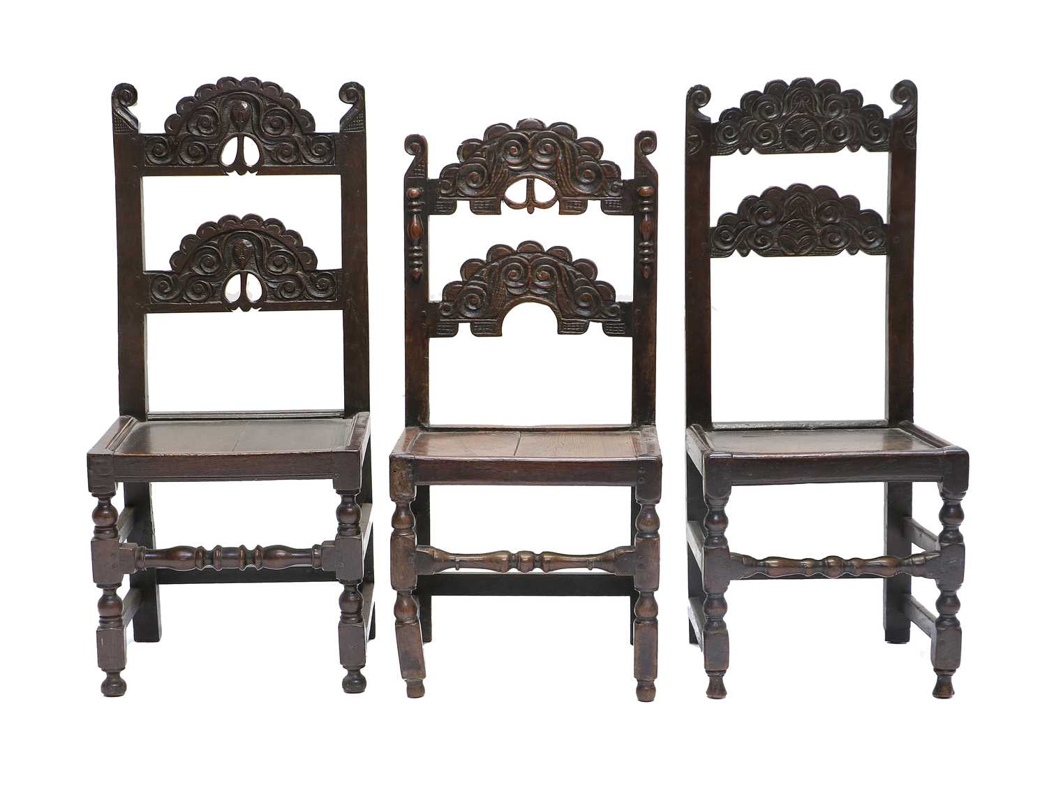 A Harlequin Set of Seven Late 17th Century Joined Oak Yorkshire Back Stools, comprising: a pair with - Image 3 of 5
