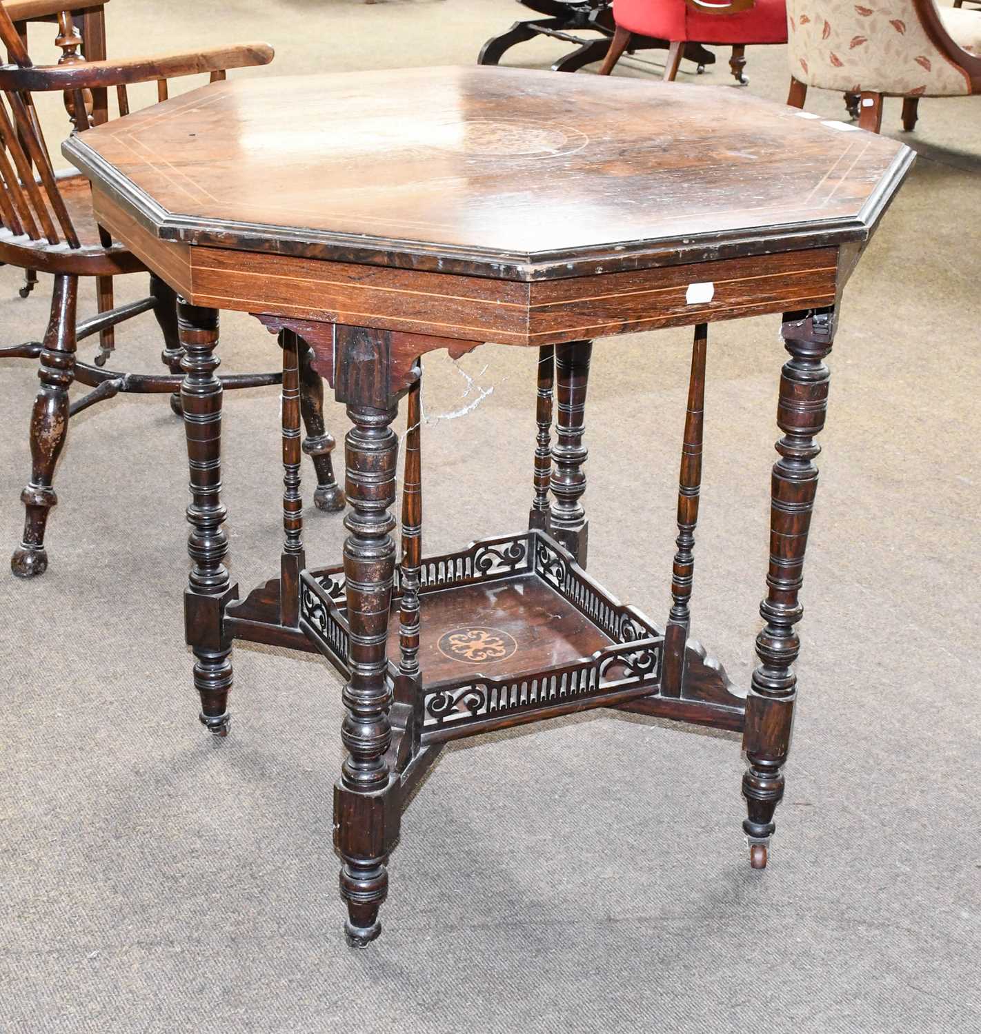 A Victorian Rosewood Octagonal Window Table, with strung inlay on turned supports and with under - Image 4 of 4