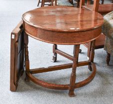 A 17th Century Style Oak Demi Lune Drop Leaf Side Table, with hinged leaf and gateleg, turned