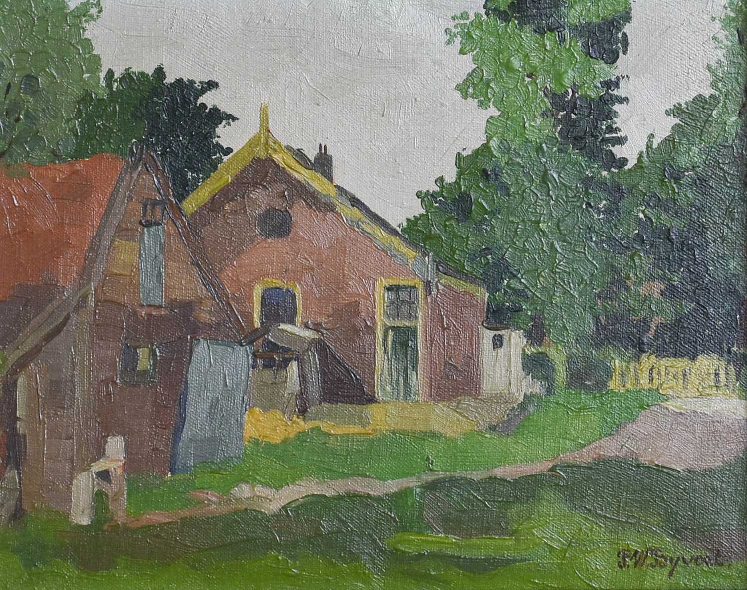 P* W* Byvoet Rendered buildings in a rural landscape Signed, oil on canvas, 23cm by 29cm