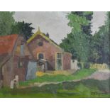 P* W* Byvoet Rendered buildings in a rural landscape Signed, oil on canvas, 23cm by 29cm