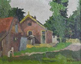 P* W* Byvoet Rendered buildings in a rural landscape Signed, oil on canvas, 23cm by 29cm