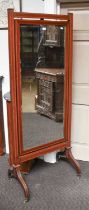 An Edwardian Mahogany and Inlaid Cheval Mirror, rectangular bevelled plate, raised on outswept