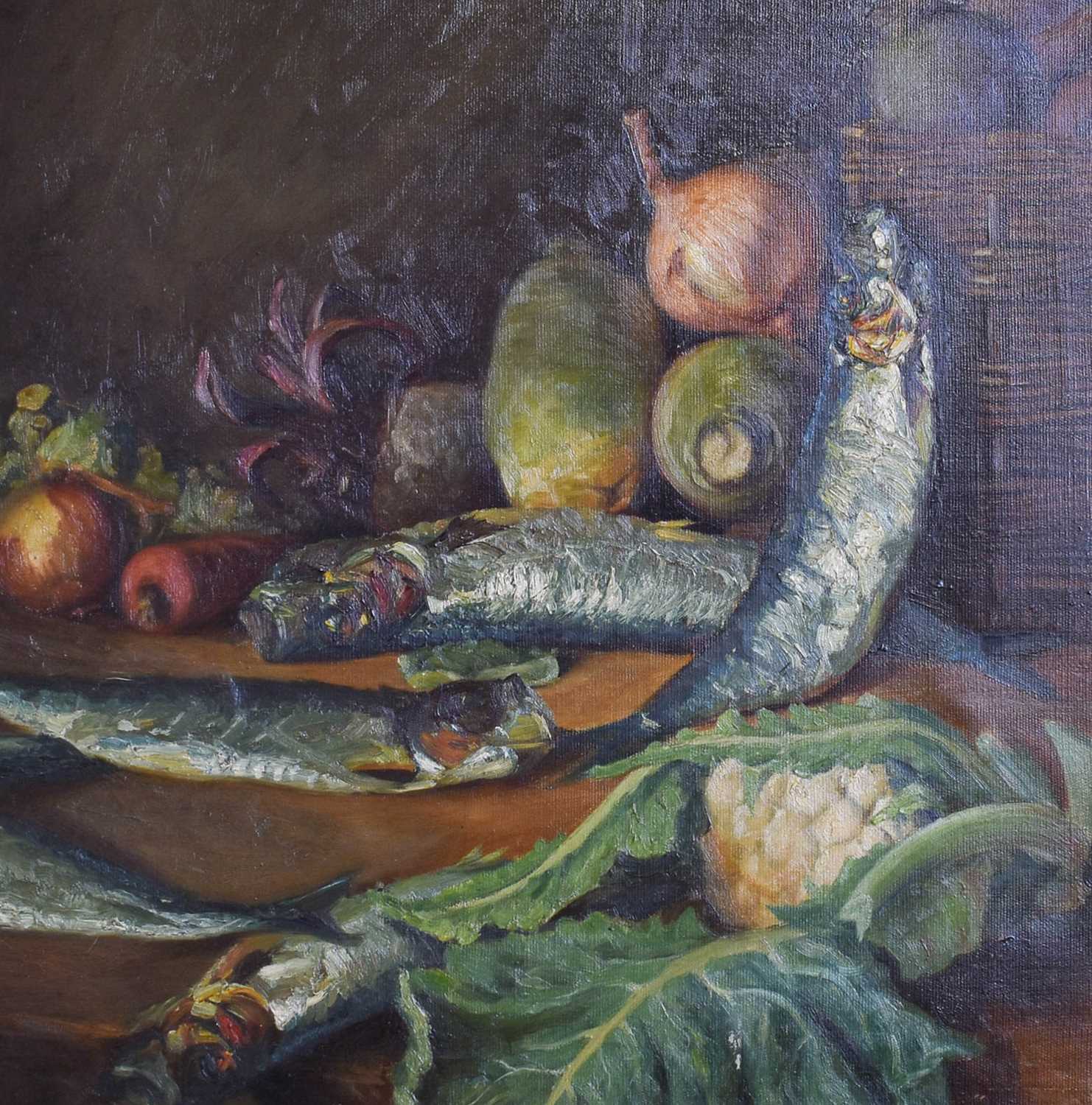 British School (19th Century) Still life study of fish and vegetables Oil on canvas, 46cm by 46cm;