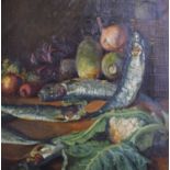 British School (19th Century) Still life study of fish and vegetables Oil on canvas, 46cm by 46cm;