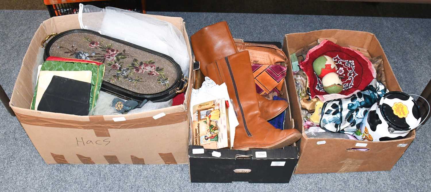 Assorted Textiles and Costume, comprising pair of long grey suede boots, another pair in tan