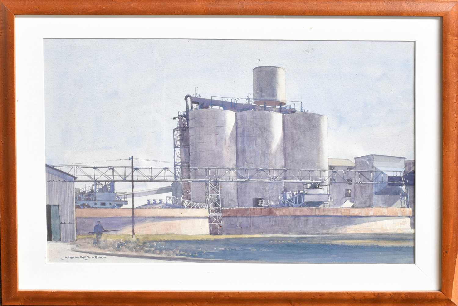 Norman Wilkinson CBE, PRI, ROI, RSMA, HRWS (1878-1971) Workman before a plant Watercolour, 34cm by - Image 2 of 3