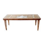An Indian Hardwood Inlaid Coffee Table, decorated with the Taj Mahal and elephants, 101cm by 50cm by