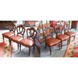 A Set of Six Victorian Mahogany Dining Chairs, with carved scrollwork top-rails, shaped & triple
