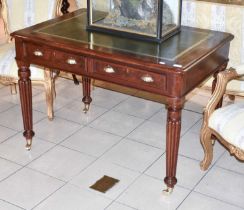 William IV Mahogany Leather Inset Writing Table, the moulded rectangular top above a pair of