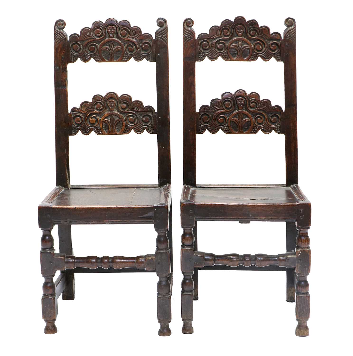 A Harlequin Set of Seven Late 17th Century Joined Oak Yorkshire Back Stools, comprising: a pair with - Image 4 of 5